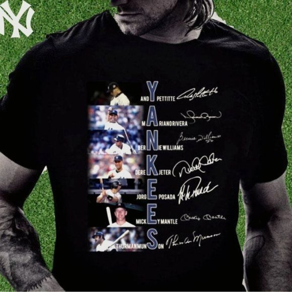 New York Yankees Members Signatures Mlb Andy Pettitte Mariano Rivera Tee shirt - Picture 1 of 11